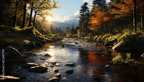 Tranquil scene of autumn forest, mountain, and flowing water generated by AI