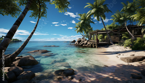 Tranquil scene, palm tree, turquoise water, sandy beach, tropical vacation generated by AI