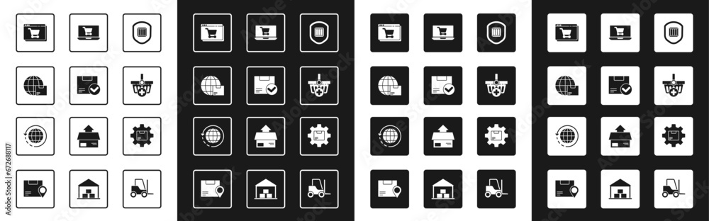 Set Delivery security with shield, Package box check mark, Worldwide shipping and, Online shopping on screen, Add to Shopping basket, cart laptop, Gear wheel package and icon. Vector Set Delivery security with shield, Package box check mark, Worldwide shipping and, Online shopping on screen, Add to Shopping basket, cart laptop, Gear wheel package and icon. Vector