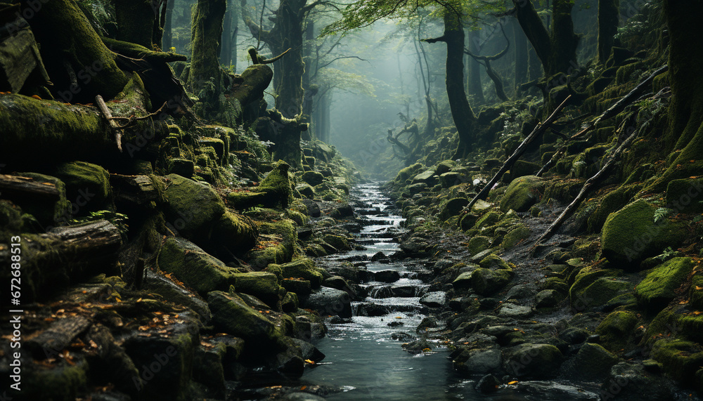 Mysterious dark forest, wet rocks, tranquil water, nature enchanting beauty generated by AI