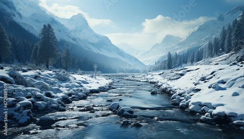 Majestic mountain range, tranquil scene, frozen tree, flowing water generated by AI