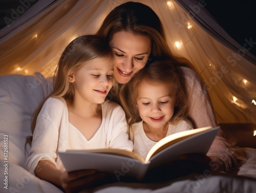 portrait of a mother reading a bedtime story to her two children in the bedroom