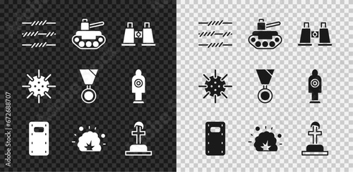 Set Barbed wire, Military tank, Binoculars, assault shield, Bomb explosion, Soldier grave, Naval mine and reward medal icon. Vector