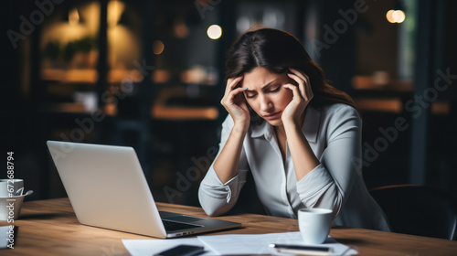 a female office worker who is dizzy and stressed about working in front of a laptop