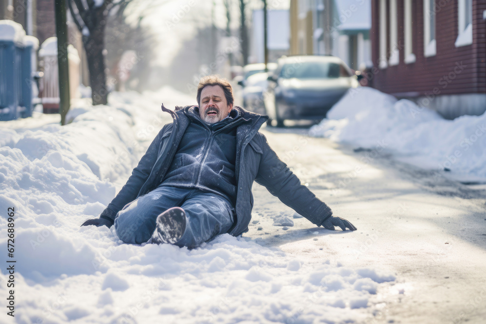 A person slipping on ice during winter, illustrating the risk and danger of outdoor conditions.