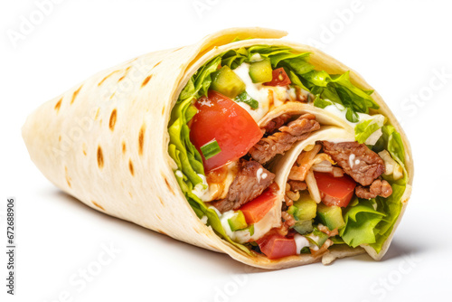 A mouthwatering Turkish shawarma wrap, filled with grilled meat, fresh lettuce, green vegetables, and a delicious combination of flavors.
