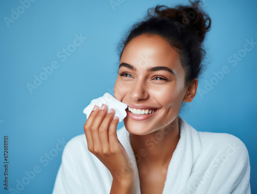 american woman dries her face with a towel after cleaning with soap
