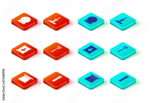 Set Magic hat, Bottle with potion, Ancient magic book, wand, Sword in the stone and ball icon. Vector