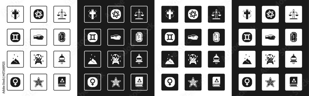 Set Libra zodiac, Snake, Gemini, Christian cross, Magic runes, Tarot cards, Ringing alarm bell and powder icon. Vector Set Libra zodiac, Snake, Gemini, Christian cross, Magic runes, Tarot cards, Ringing alarm bell and powder icon. Vector