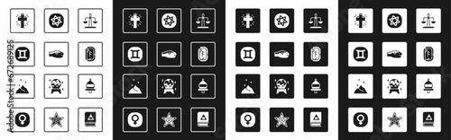 Set Libra zodiac, Snake, Gemini, Christian cross, Magic runes, Tarot cards, Ringing alarm bell and powder icon. Vector
