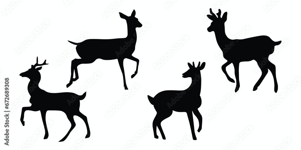 Roe deer silhouettes set. Roe deer icons set. Vector illustration