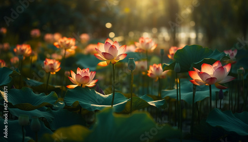 The lotus water lily blossoms in the tranquil pond generative AI © Jeronimo Ramos