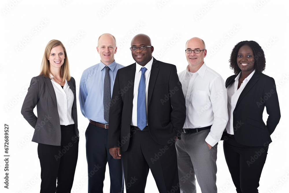 Building Success Together: A Multicultural Business Team, Smartly Dressed and Diverse in Age, Comes Together on a White Background to Create a Powerful Unity