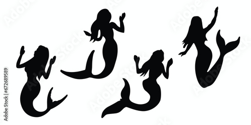 Mermaid silhouettes set. Mermaid icons set. Vector illustration