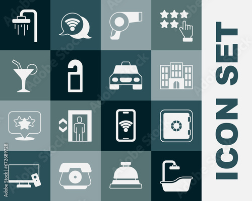 Set Bathtub, Safe, Hotel building, Hair dryer, Please do not disturb, Cocktail, Shower and Taxi car icon. Vector