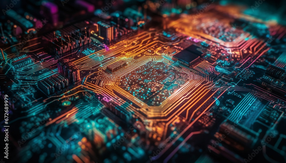 Complex circuit board glows with electricity, powering modern technology generative AI - obrazy, fototapety, plakaty 