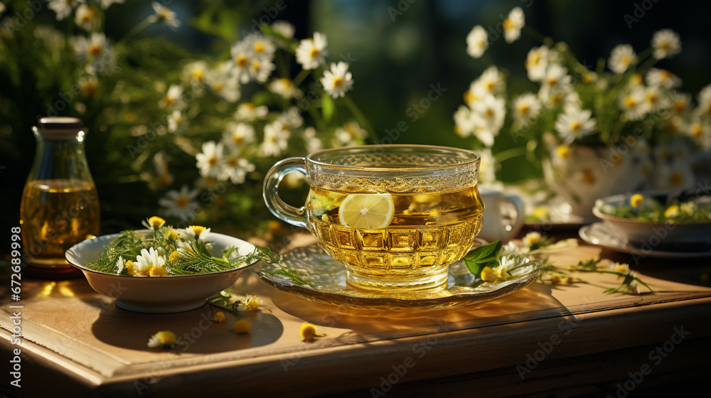 Herbal tea with fresh chamomile flowers on the table.
