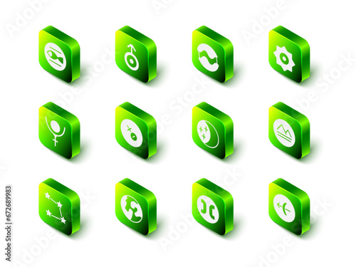 Set Symbol Uranus, Planet, Falling star, Earth element, Sagittarius zodiac, Eclipse of the sun, Pisces and globe icon. Vector