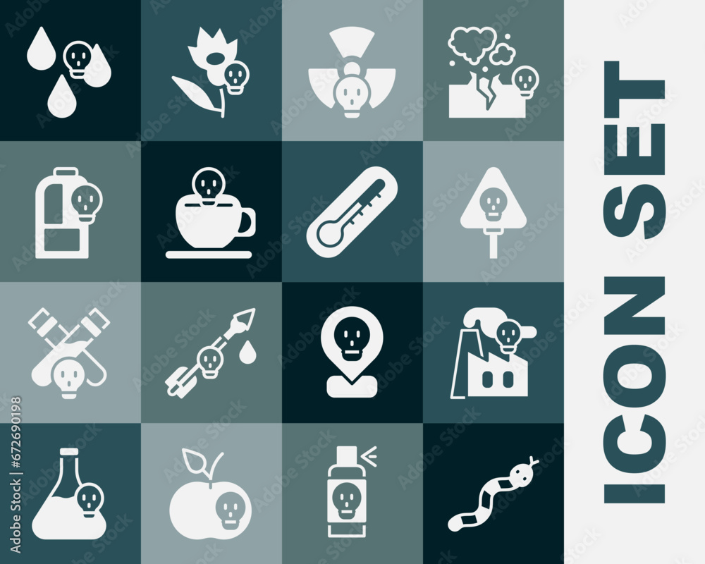 Set Snake, Smoke from factory, Bones and skull, Radioactive, Coffee cup with, Beaker toxic liquid, Acid rain and Thermometer icon. Vector