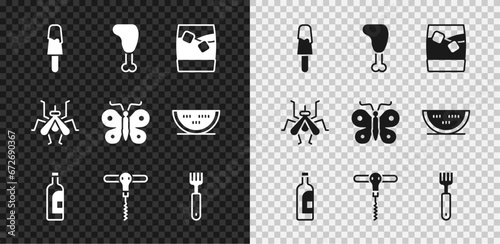 Set Ice cream, Chicken leg, Glass of whiskey with ice, Bottle wine, Wine corkscrew, Fork, Mosquito and Butterfly icon. Vector