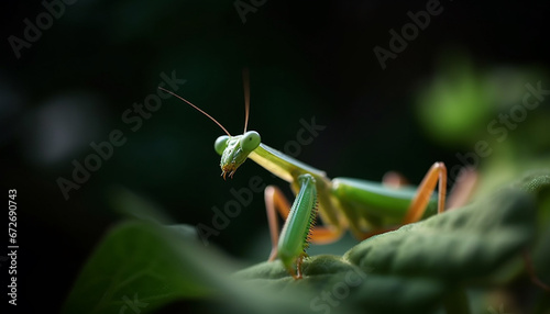 Spooky yellow locust praying on leaf, extreme close up magnification generative AI