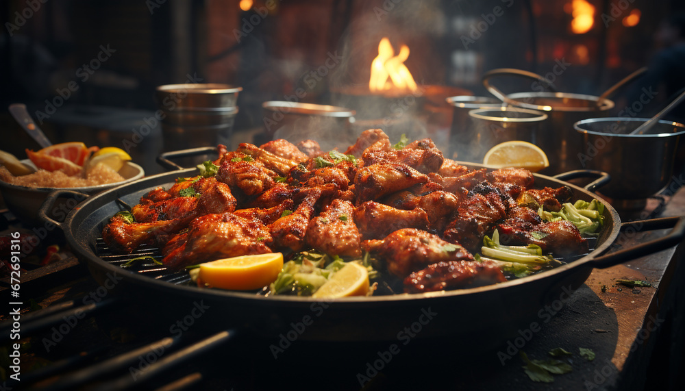 Grilled meat on a barbecue, flame, coal, cooking, gourmet, freshness generated by AI Grilled meat on a barbecue, flame, coal, cooking, gourmet, freshness generated by AI