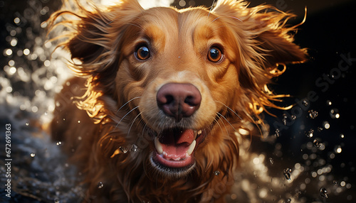 Cute puppy sitting, wet fur, playful, looking at camera, adorable generated by AI © djvstock