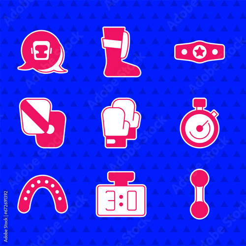 Set Boxing glove, Sport mechanical scoreboard, Dumbbell, Stopwatch, Mouth guard boxer, training paws, belt and helmet icon. Vector