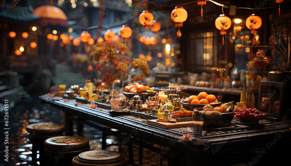 Freshness and variety of gourmet fruits decorate the traditional festival generated by AI