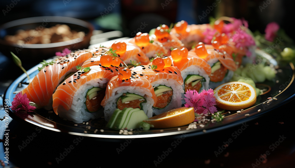 Freshness on plate seafood, sashimi, maki sushi, nigiri, avocado generated by AI Freshness on plate seafood, sashimi, maki sushi, nigiri, avocado generated by AI