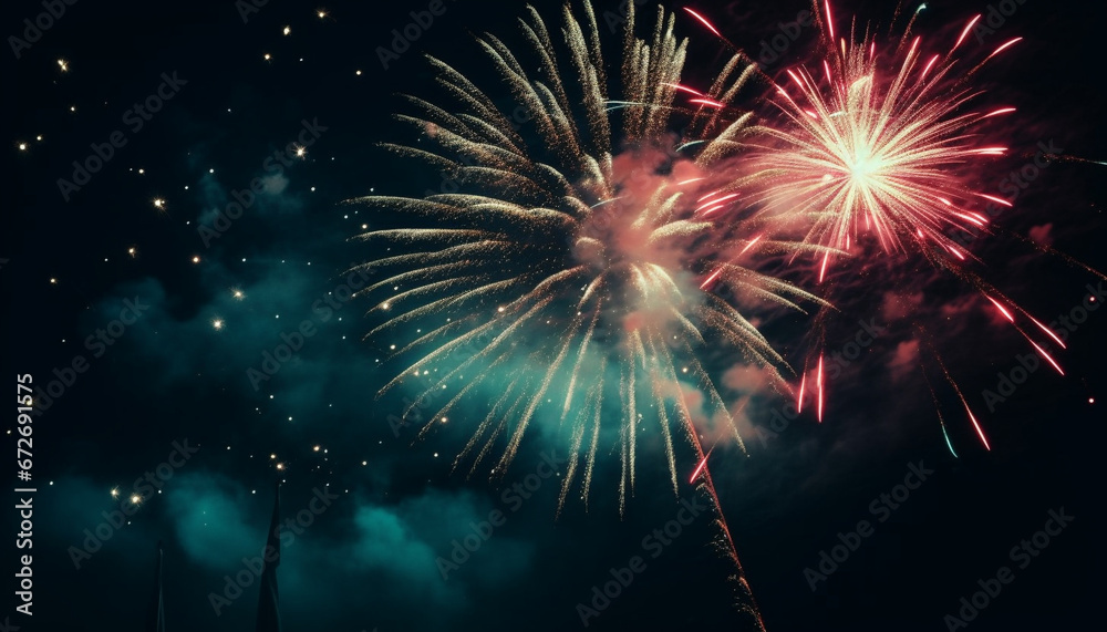 New Year Day bonfire ignites vibrant firework display, exploding with joy generative AI New Year Day bonfire ignites vibrant firework display, exploding with joy generative AI