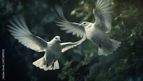 Two doves spread wings in mid air, symbols of peace generative AI