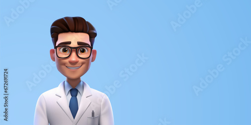 3d male doctor avatar. Cartoon detailed render, medical consultation on horizontal background, professional therapist man, vector banner photo