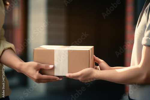 Woman receiving medicine box from delivery person