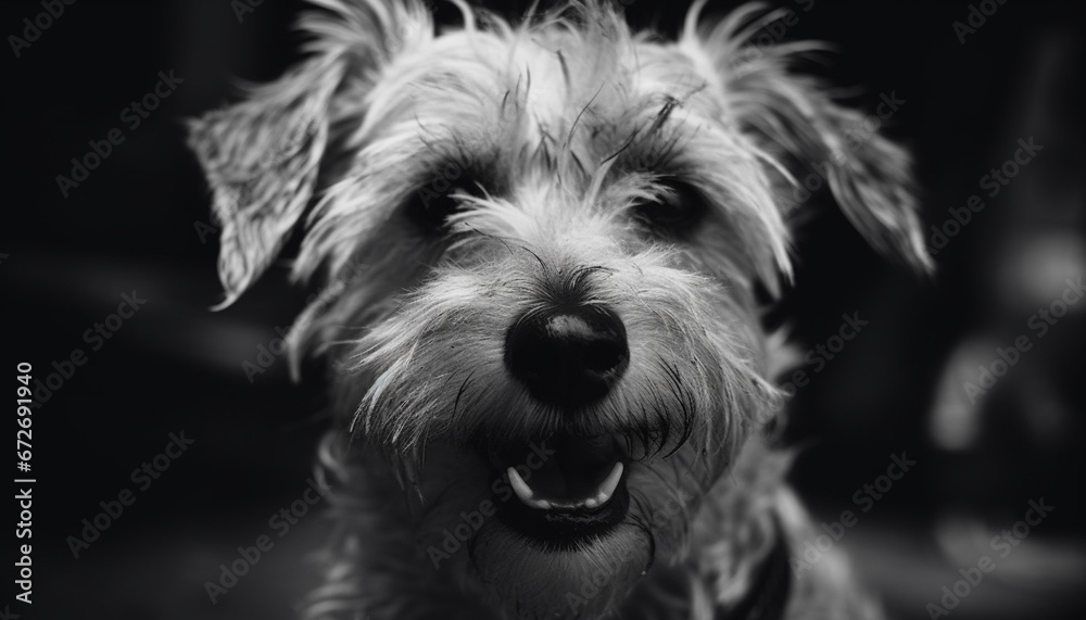 A playful schnauzer puppy with wet nose looks at camera generative AI
