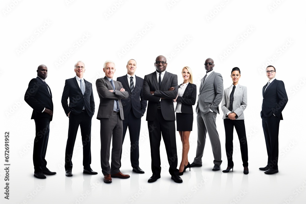 The Ageless Frontier of Success: A Multicultural Business Team, United and Smartly Dressed, Gathers on a White Background, Defying Age Barriers for Corporate Excellence The Ageless Frontier of Success: A Multicultural Business Team, United and Smartly Dressed, Gathers on a White Background, Defying Age Barriers for Corporate Excellence