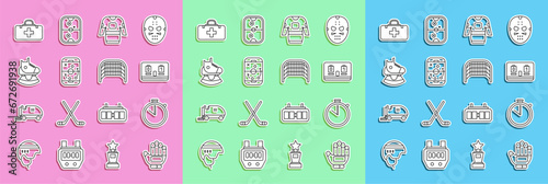 Set line Hockey glove, Stopwatch, mechanical scoreboard, jersey, Planning strategy, Skates, First aid kit and Ice hockey goal icon. Vector