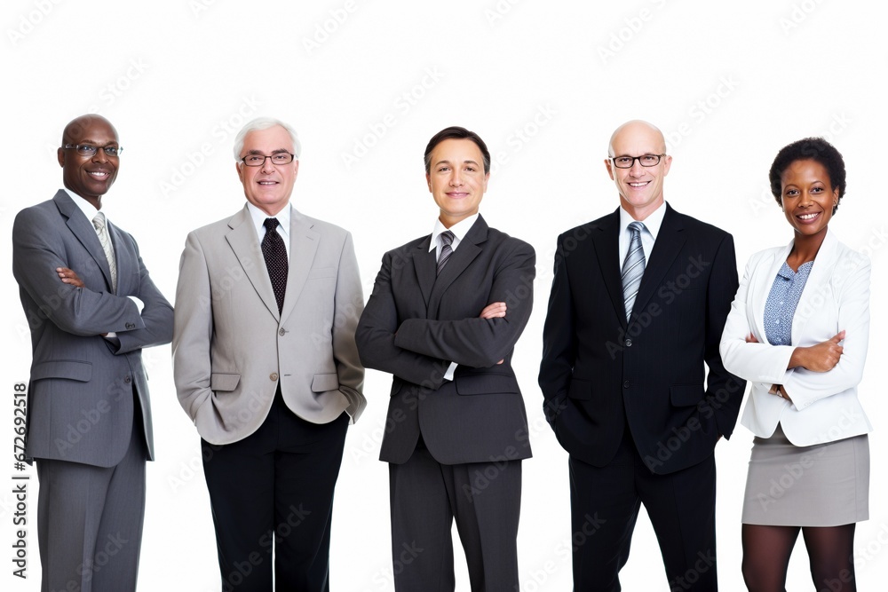 Diverse Wisdom and Energy: A Multicultural Business Team, Smartly Dressed, Embraces Age Diversity on a White Background, Bringing Together the Best of All Worlds