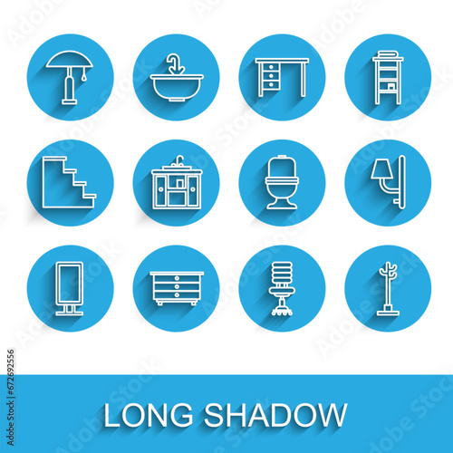 Set line Big full length mirror, Chest of drawers, Table lamp, Office chair, Coat stand, Washbasin cabinet with tap, Wall sconce and Toilet bowl icon. Vector