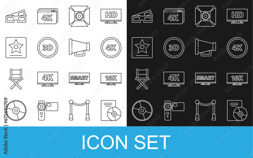 Set line CD or DVD disk, Screen tv with 16k, 4k Ultra HD, Movie spotlight, 3D word, Hollywood walk of fame star, cinema glasses and Megaphone icon. Vector