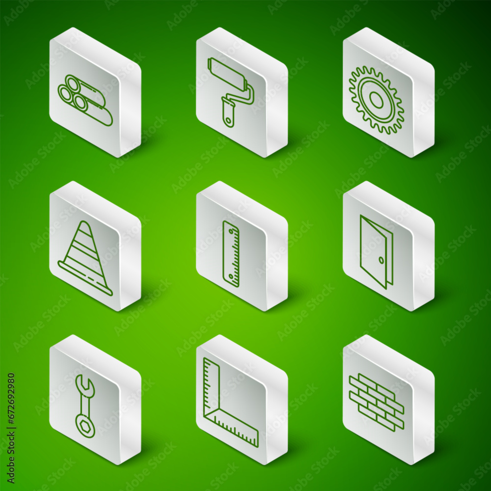 Set line Bricks, Corner ruler, Industry metallic pipe, Ruler, Traffic cone, Paint roller brush, Wrench spanner and Closed door icon. Vector Set line Bricks, Corner ruler, Industry metallic pipe, Ruler, Traffic cone, Paint roller brush, Wrench spanner and Closed door icon. Vector