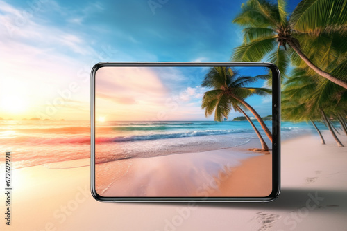 Use your tablet s camera to take a picture of a tropical beach with palm trees and white sand at sunset.