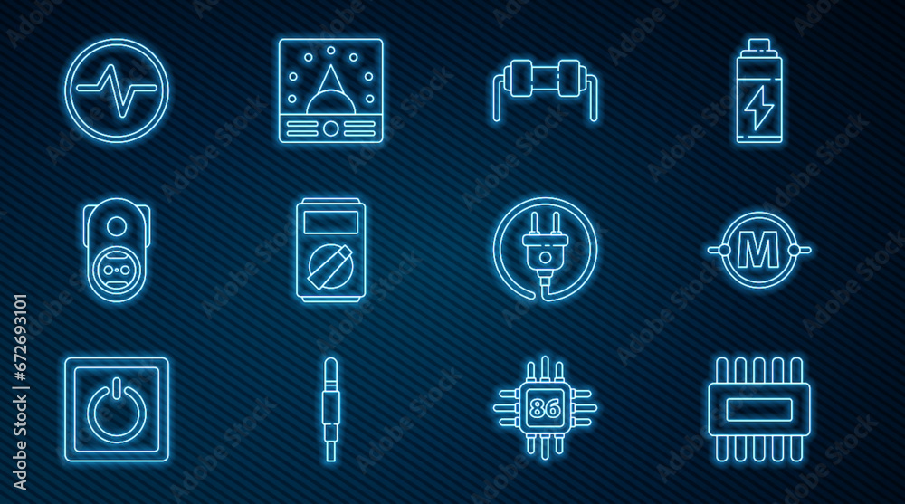 Set line Processor with microcircuits CPU, Electric scheme, Resistor electricity, Multimeter, Electrical outlet, plug and Ampere multimeter, voltmeter icon. Vector Set line Processor with microcircuits CPU, Electric scheme, Resistor electricity, Multimeter, Electrical outlet, plug and Ampere multimeter, voltmeter icon. Vector