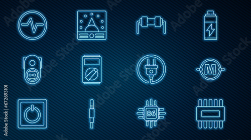 Set line Processor with microcircuits CPU, Electric scheme, Resistor electricity, Multimeter, Electrical outlet, plug and Ampere multimeter, voltmeter icon. Vector