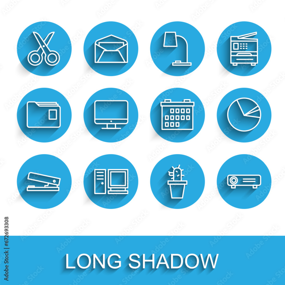 Set line Office stapler, Computer monitor, Scissors, Cactus and succulent in pot, Movie, film, media projector, screen, Pie chart infographic and Calendar icon. Vector