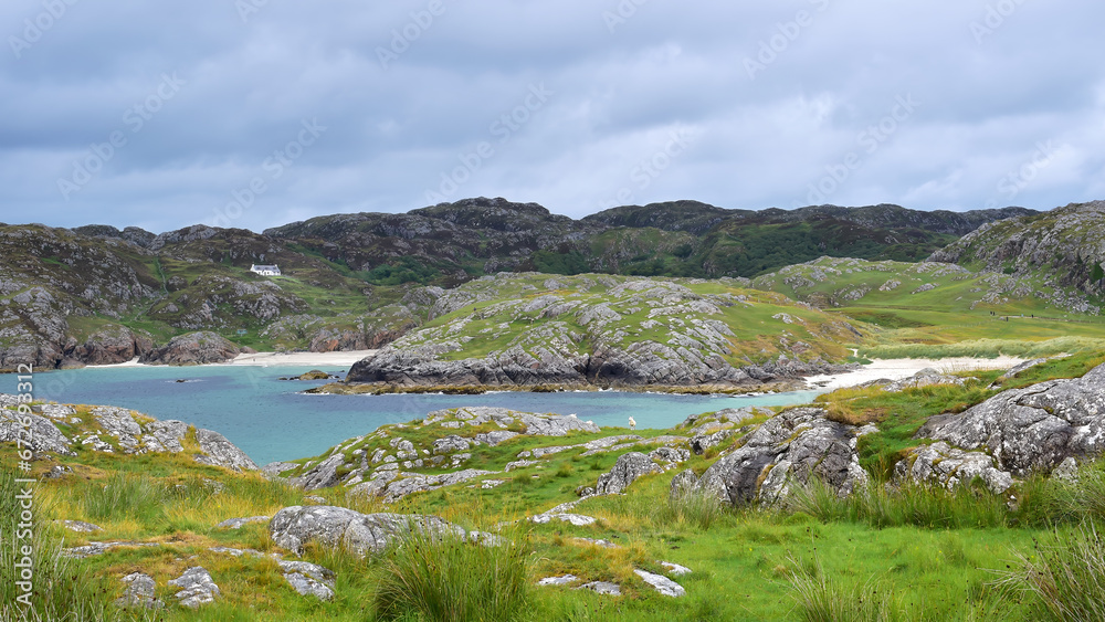 Panorama view over Achmelvich bay and beach, Scotland highlands Panorama view over Achmelvich bay and beach, Scotland highlands