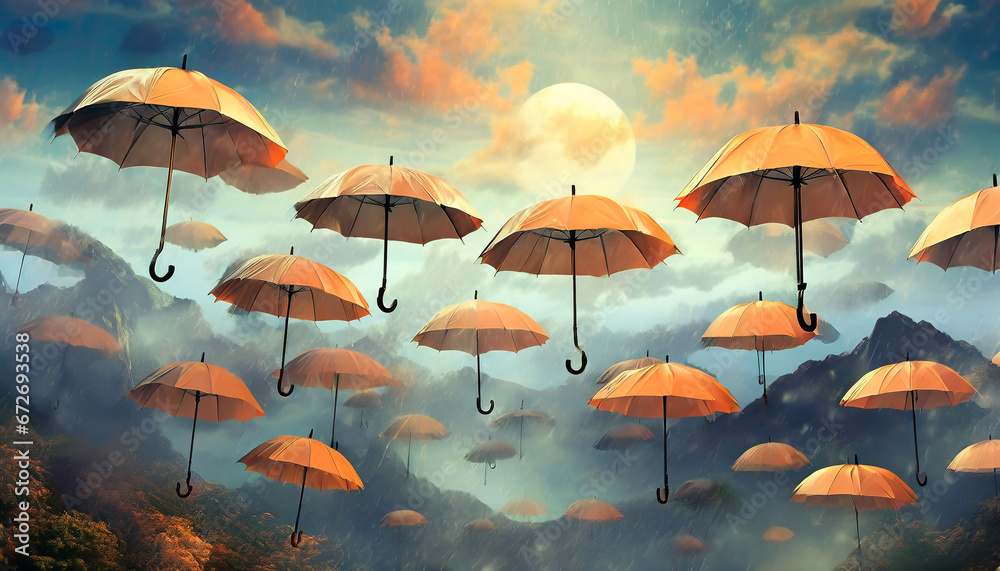 Surrealism. A Floating umbrellas above a surreal landscape.
