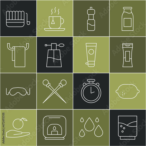 Set line Glass with water, Lemon, Bottle of shampoo, Perfume, Towel hanger, Sauna bucket and ladle and Cream or lotion cosmetic tube icon. Vector