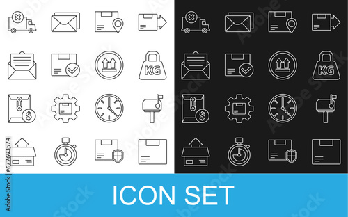 Set line Carton cardboard box, Mail, Weight, Location with, Package check mark, Envelope, Delivery cargo truck vehicle and This side up icon. Vector