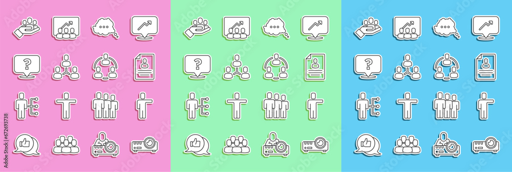 Set line Media projector, Head hunting, Resume, Speech bubble chat, Project team base, Question mark, Hand for search people and icon. Vector Set line Media projector, Head hunting, Resume, Speech bubble chat, Project team base, Question mark, Hand for search people and icon. Vector